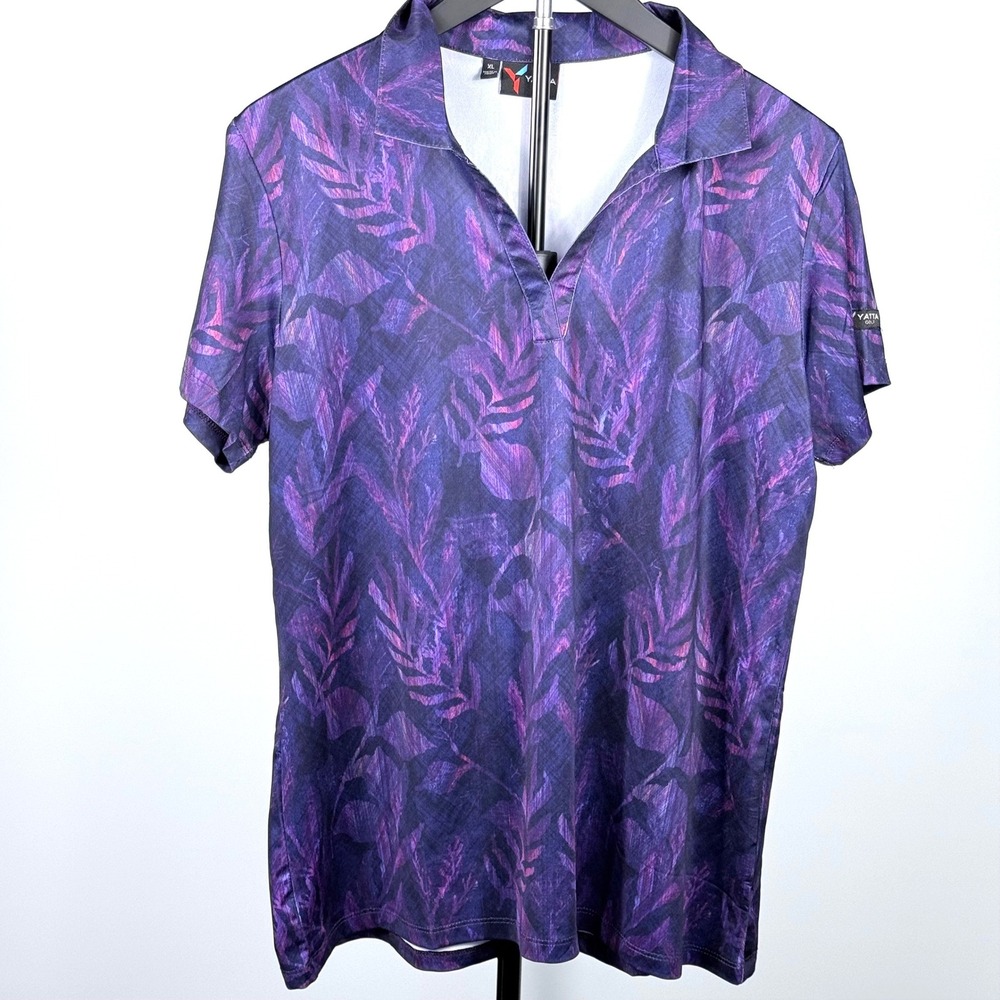 Yatta Golf Polo Shirt Women XL Purple Tropical Leaf V-Neck Activewear Sporty
